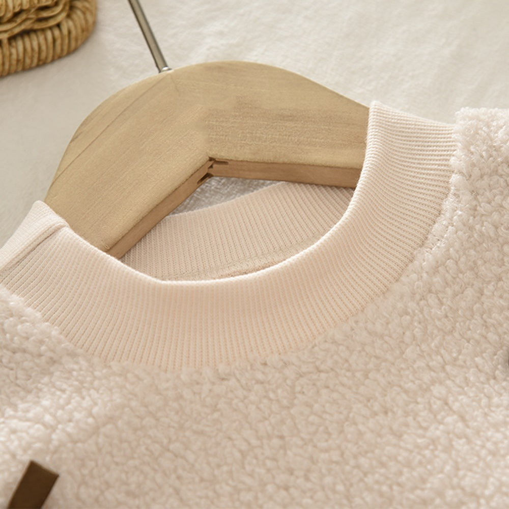 Conjunto de Vestido para Niña Otoño-Invierno con Lazo, Top de Forro Polar Beige Manga Larga y Falda Corta Caqui - Set de 2 Piezas
