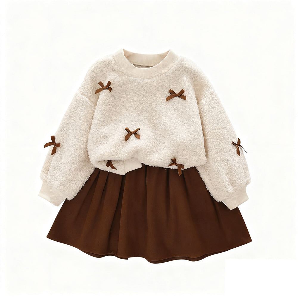 Conjunto de Vestido para Niña Otoño-Invierno con Lazo, Top de Forro Polar Beige Manga Larga y Falda Corta Caqui - Set de 2 Piezas