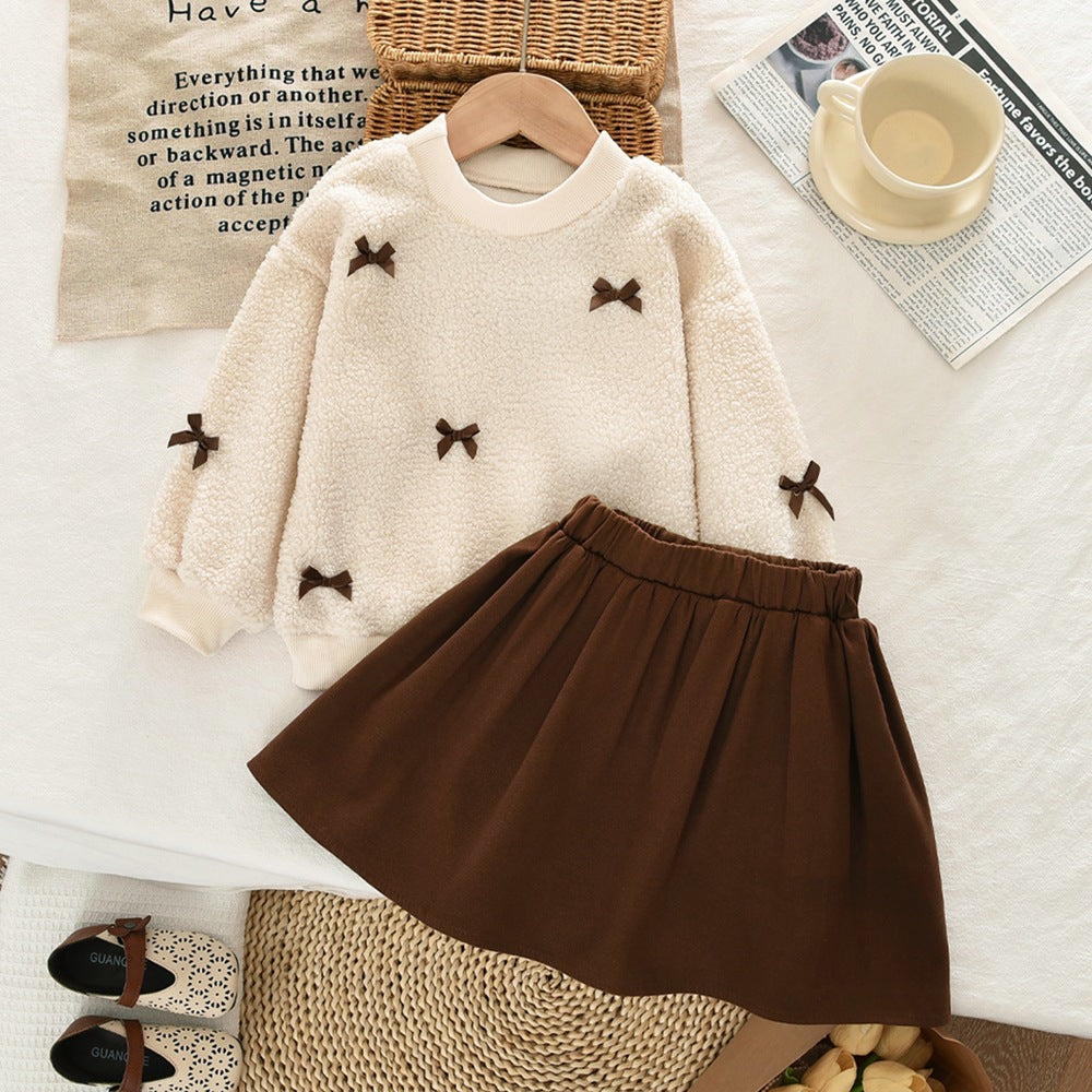 Conjunto de Vestido para Niña Otoño-Invierno con Lazo, Top de Forro Polar Beige Manga Larga y Falda Corta Caqui - Set de 2 Piezas
